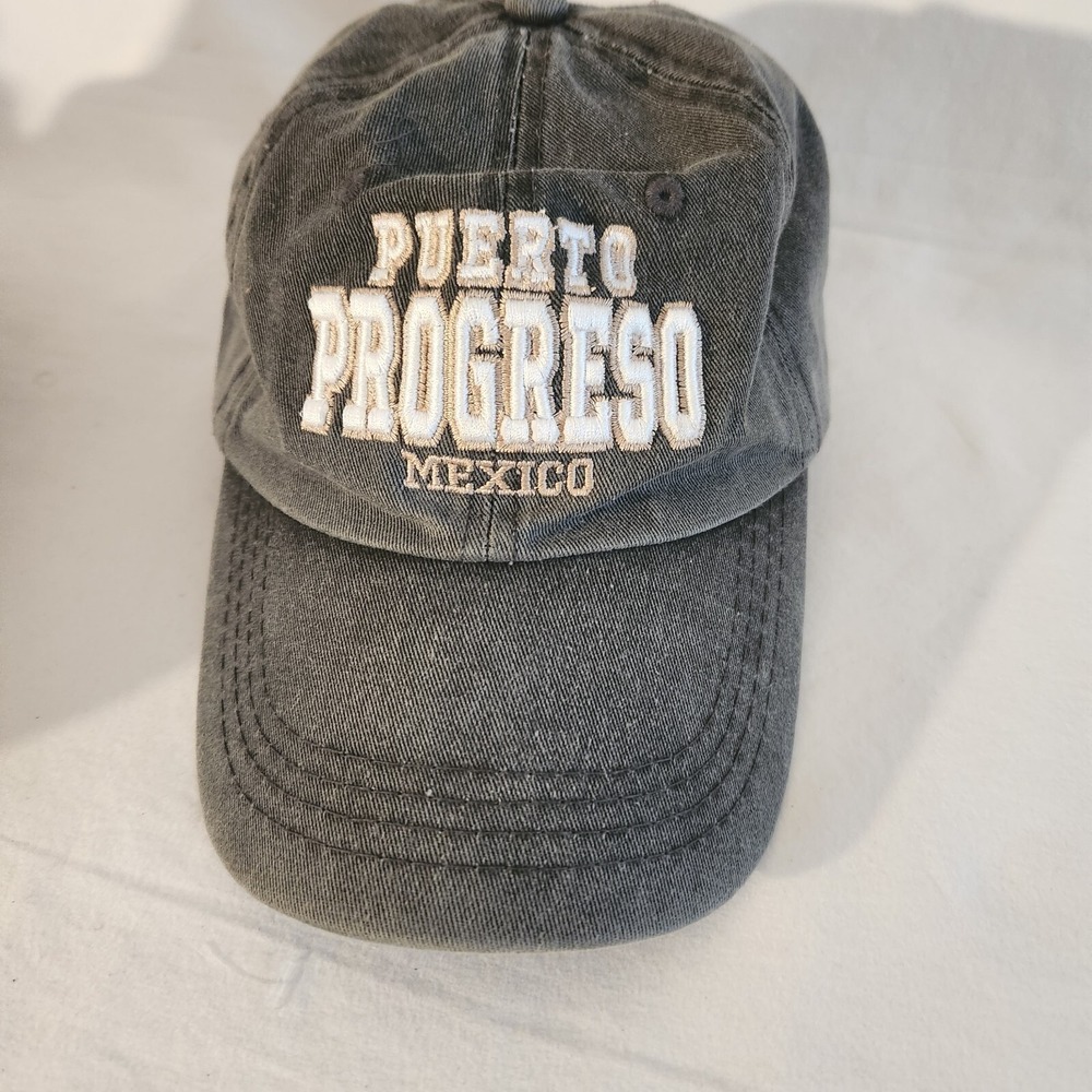 Puerto Progresso Mexico Distressed‎ Black Grey Gray Cap Embroidered OSFM